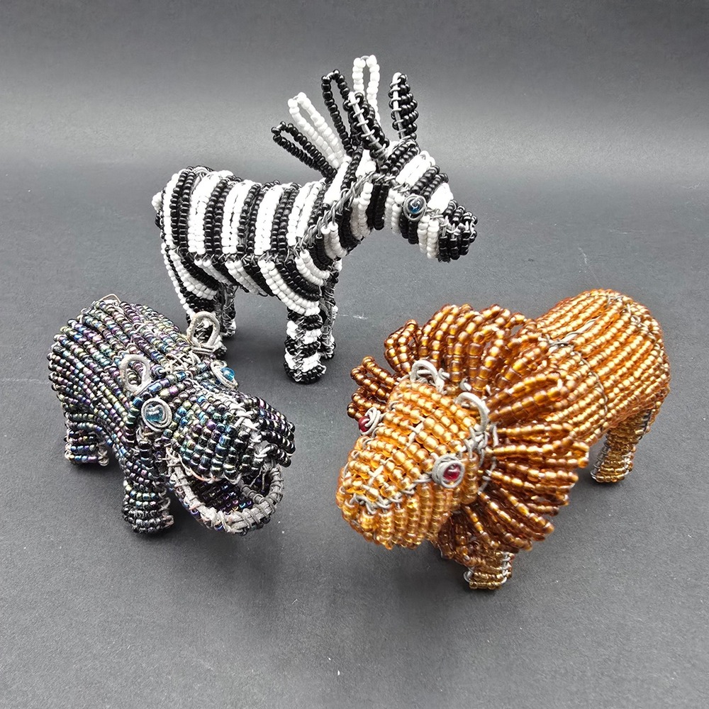 African Wire Bead Animal Figurines Set Lion Zebra Hippo Safari Folk Art 3pc - Picture 11 of 12
